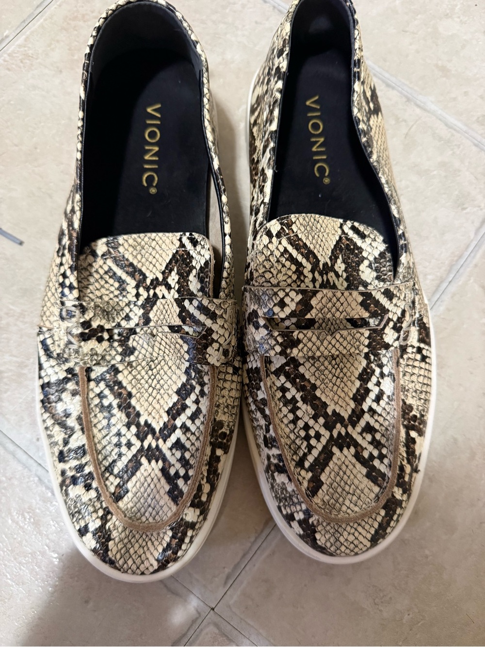Vionic Snake-Print Slip-On Loafers in Beige and Brown